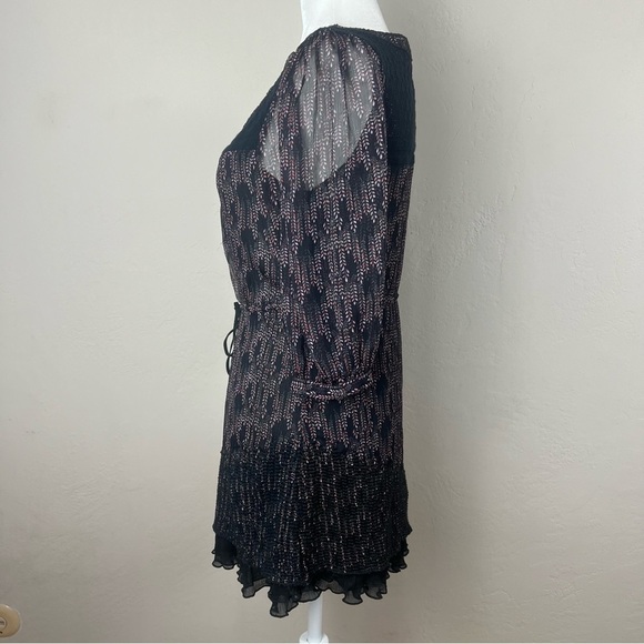 Free People Floral Boho Folk Leather Drawstring Chiffon Mini Dress Size Small - Picture 6 of 13